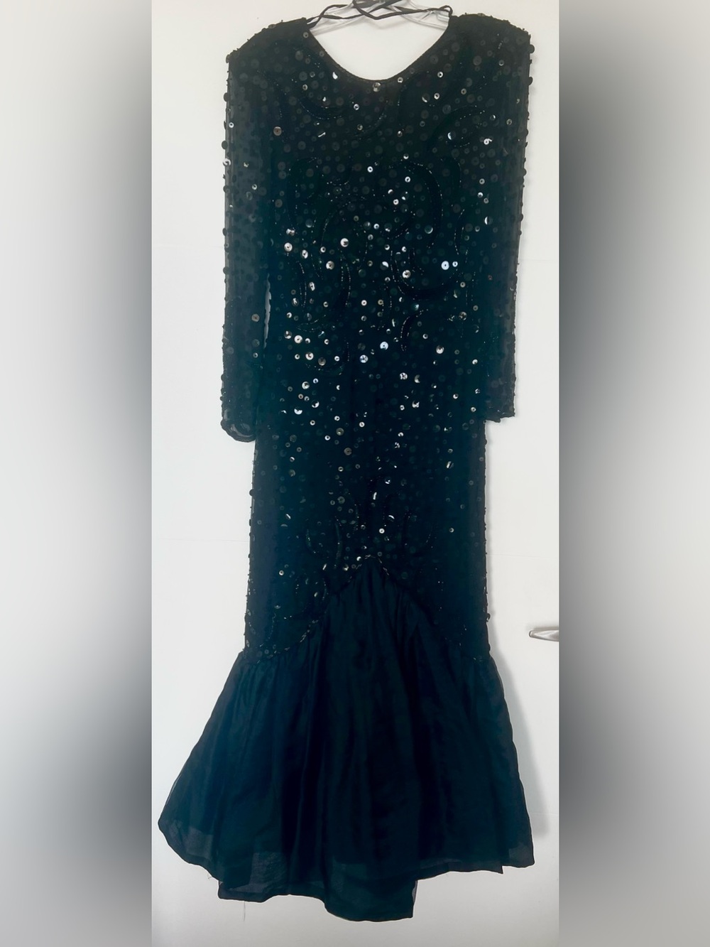 Knights of London Black Silk Sequin Dress M Vintage 80s 90s Evening Gown